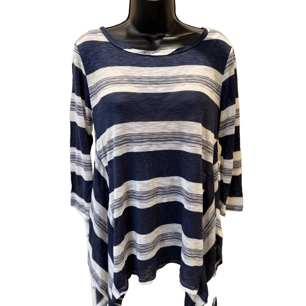 Buttons Womens Navy Striped Tunic Top Size M Asymmetrical Hem 3/4 Flowy Blouse